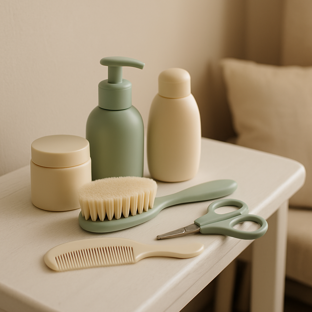 Kit higiene para bebê organizado em prateleira de quarto de bebê — kit higiene para bebê