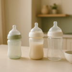 Mamadeiras anti-cólica para bebê sobre bancada de cozinha moderna — mamadeira anti-cólica para bebê