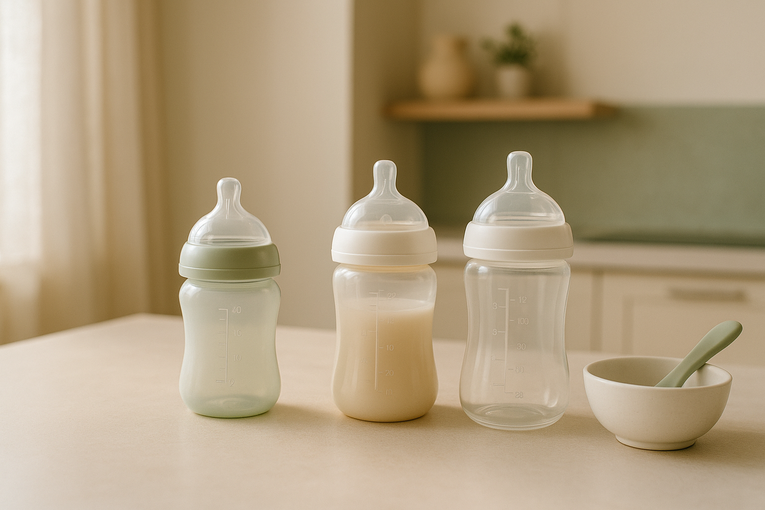 Mamadeiras anti-cólica para bebê sobre bancada de cozinha moderna — mamadeira anti-cólica para bebê
