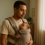 Pai usando porta-bebê ergonômico com recém-nascido — porta-bebê para recém-nascido