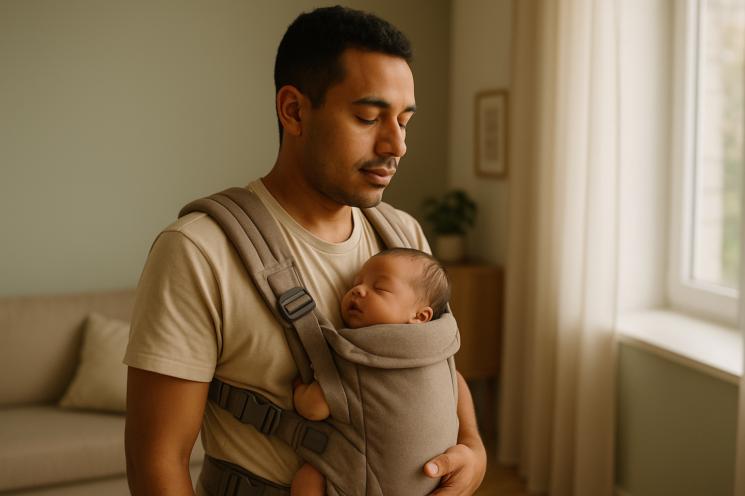 Pai usando porta-bebê ergonômico com recém-nascido — porta-bebê para recém-nascido