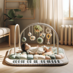Bebê sobre tapete de atividades colorido com brinquedos suspensos — tapete de atividades para bebê