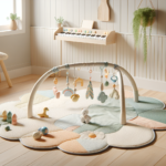 a colorful baby activity play mat on a clean light wood floor with hanging toys and a small piano keyboard on the mat, soft natural lighting from a window — tapete de atividades para bebê