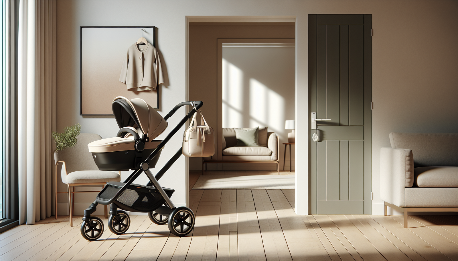 Travel system moderno com bebê conforto acoplado na entrada de um apartamento — travel system para bebê