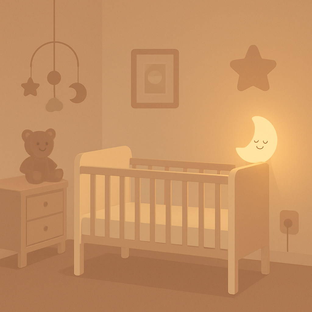 Bebê dormindo com luz noturna âmbar no quarto
