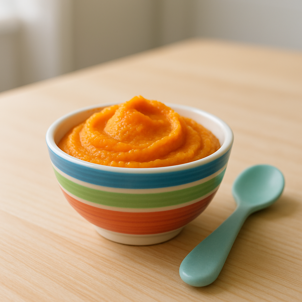 Papinha para bebê: purê de batata-doce em tigela pequena