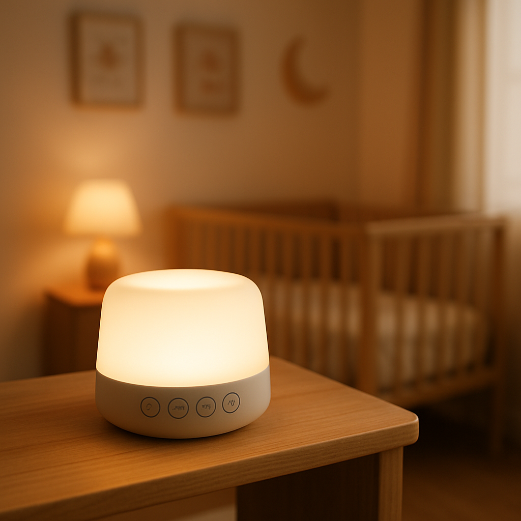 Máquina de ruído branco em quarto de bebê com iluminação suave e aconchegante